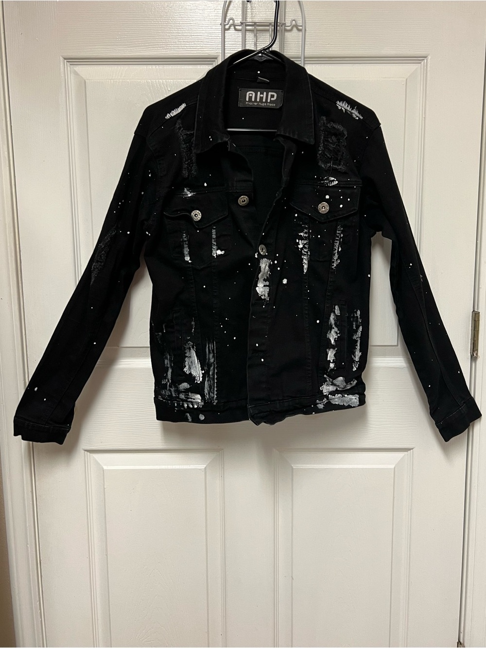 AHP Another Hype Piece Black Distressed Paint-Splatter Denim Jacket